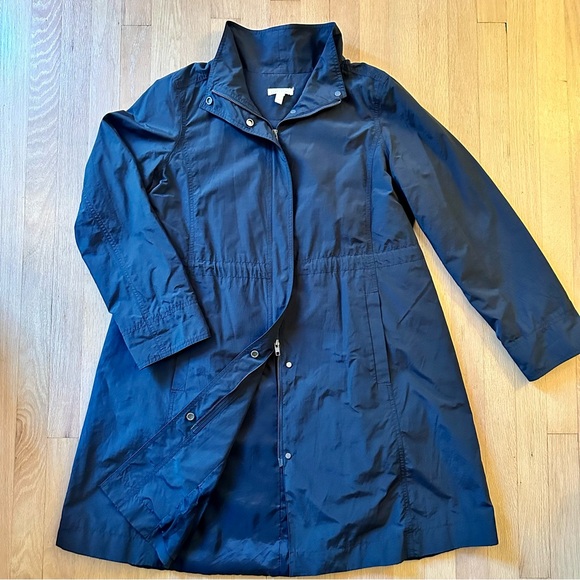 Eileen Fisher - Light Cotton/Nylon Stand Collar Long Coat, Black - Picture 1 of 11